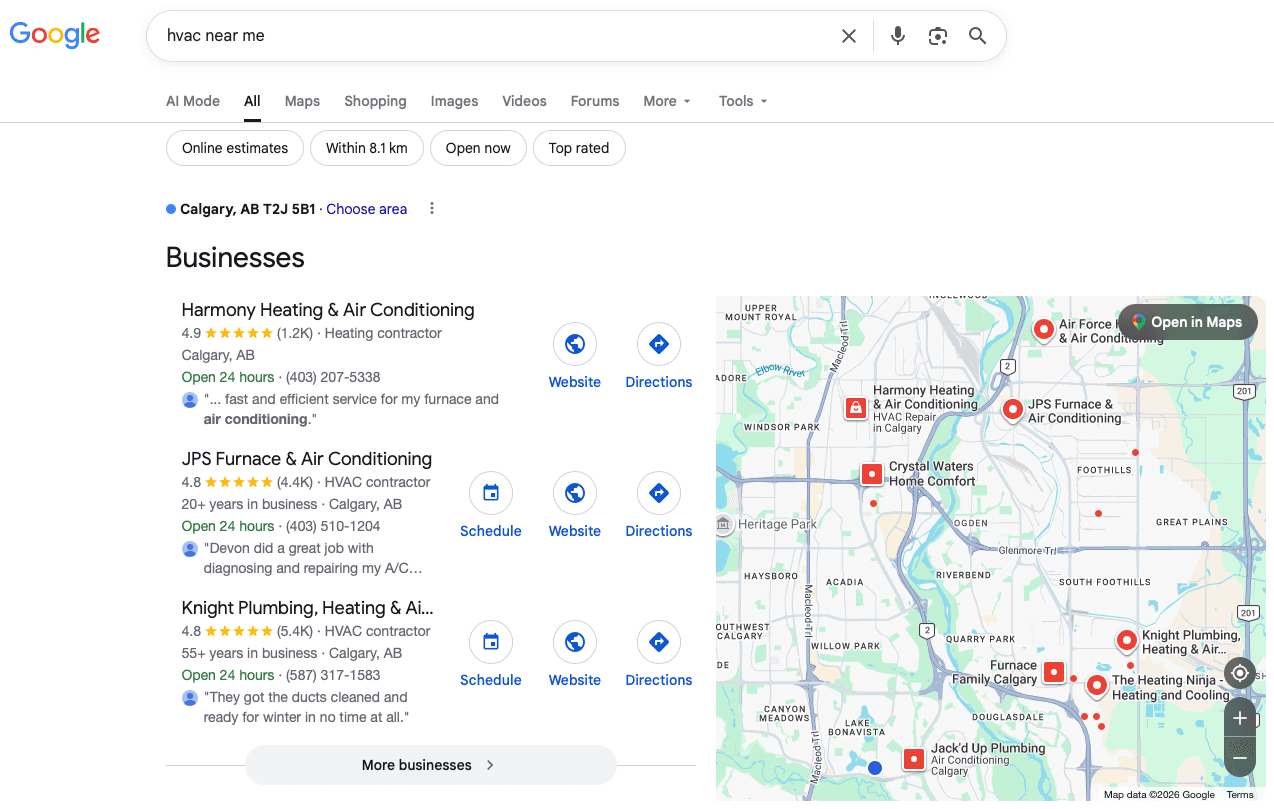 Google results for "hvac near me" in Calgary, showing the top three companies and their review counts